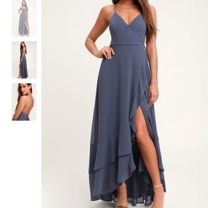 Lulus Granite Blue Lace-Up High-Low Maxi Dress